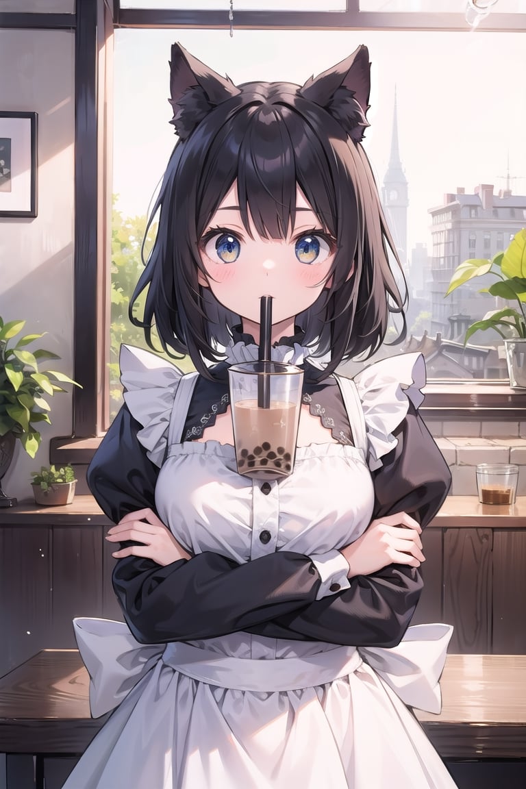 (masterpiece), 1girl, black hair, maid, cat ears, bubble tea challenge, drinking straw, crossed arms