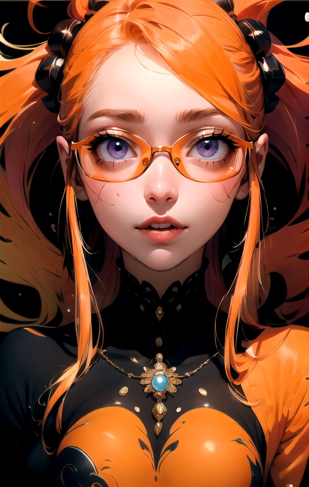 Persona 5, Futaba , long orange hair, purple eyes, orange hair, cute face, orange hair, glasses ,monochrome,sketch,High detailed 
