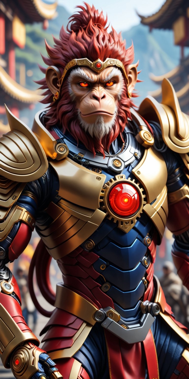 (8k uhd, masterpiece, best quality, high quality, absurdres, ultra-detailed, detailed background, centralized, full-body portrait), Cyborg version of (Sun Wukong the Monkey King). sole_male, anthropomorphic monkey, golden fur, muscular, divine, charismatic, mischievous. | A perfect mashup between Journey To The West's Sun Wukong and a futuristic cyborg. | (((mixed red-golden colored theme))). cables, gears, in place of the muscles and hairs, ((glowing eyes, 
Luminous_iris )), detailed facial expressions, ((H.R.Geiger)), intricate details,, 
dynamic lighting, bokeh.,EpicSky,cyborg style,HellAI,cyborg,android,hdsrmr