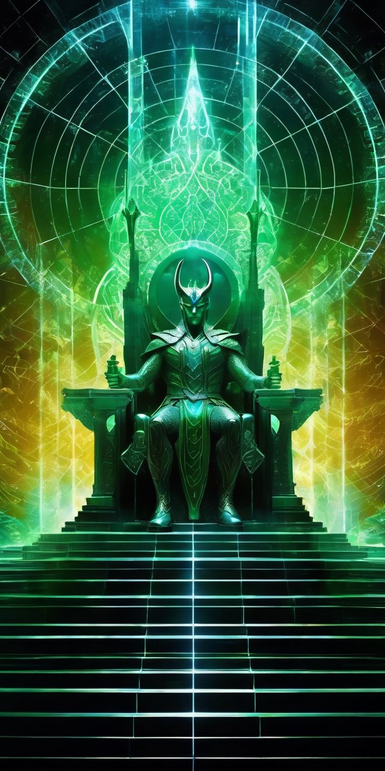 Ultra detailed illustration of the silhouette of Loki from Marvel, sitting on throne, phantasmagorical figure, (((translucent skin:1.5))), (((translucent body:1.5))), green lights, light particles, colorful, cmyk colors, backlit, ((Time aura)).,wave art style