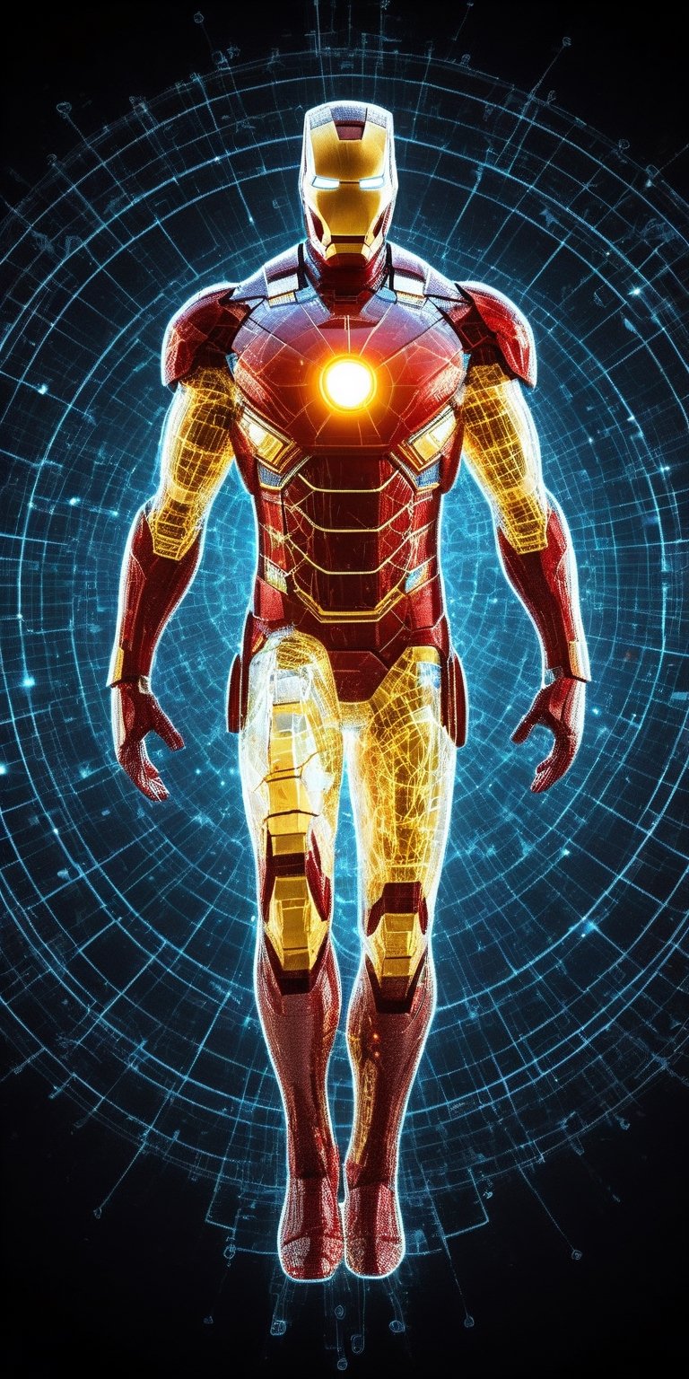 Ultra detailed illustration of the silhouette of Ironman of Marvel, phantasmagorical figure, (((translucent skin:1.5))), (((translucent body:1.5))), red (and) gold lights, light particles, colorful, cmyk colors, backlit, circuit boards. .