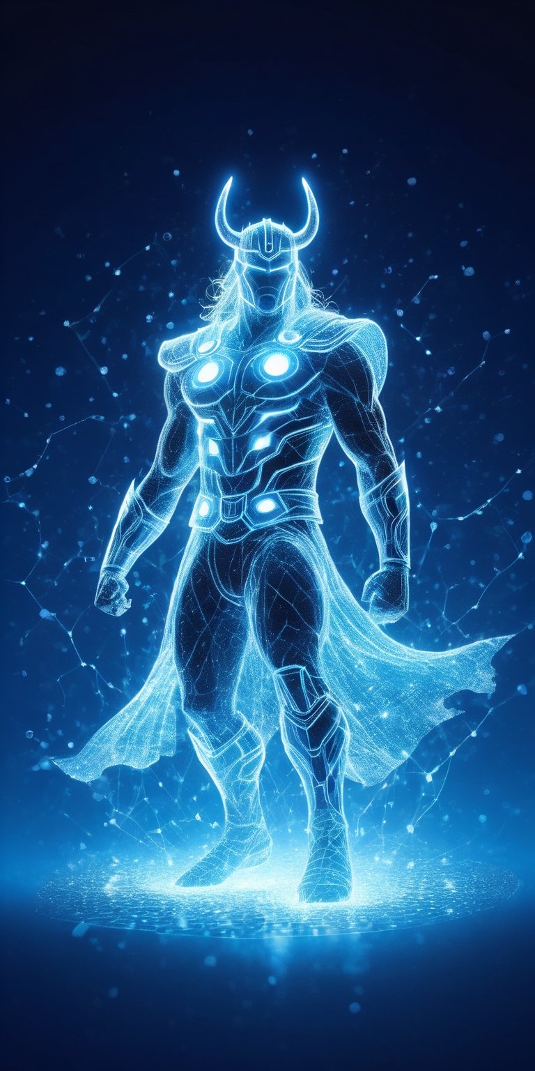 Ultra detailed illustration of the silhouette of Thor Odinson, phantasmagorical figure, (((translucent skin:1.5))), (((translucent body:1.5))), blueish white lights, light particles, colorful, cmyk colors, backlit, thunder aura.