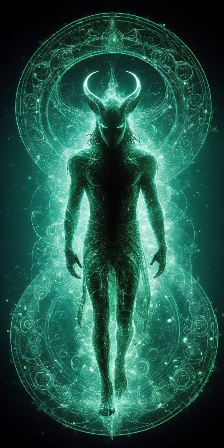 Ultra detailed illustration of the silhouette of Loki Laufeyson, phantasmagorical figure, (((translucent skin:1.5))), (((translucent body:1.5))), greenish lights, light particles, colorful, cmyk colors, backlit, mystic aura.