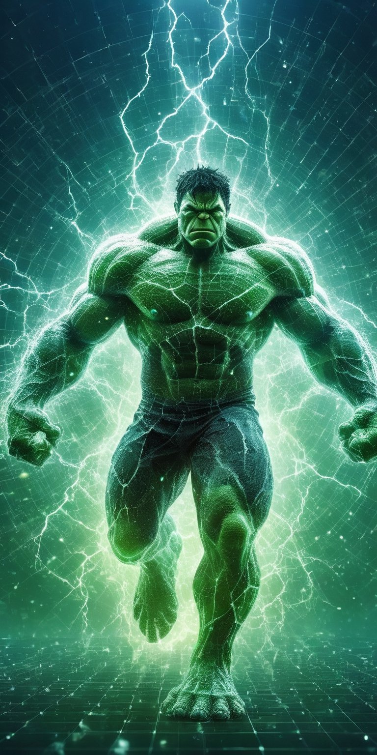 Ultra detailed illustration of the silhouette of Hulk of Marvel, phantasmagorical figure, (((translucent skin:1.5))), (((translucent body:1.5))), green lights, light particles, colorful, cmyk colors, backlit, Crack.