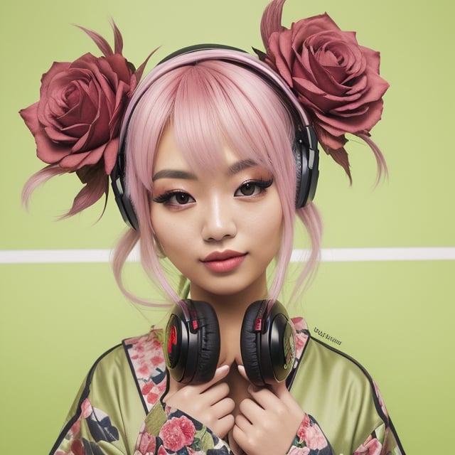 A 23-year-old Asian woman with fair skin. She has pink hair styled in twin buns on both sides. She has large eyes with pink pupils and wears pink eyeshadow. She wears black earmuff-style headphones around her neck. She is dressed in a green yukata with a pattern of red roses on the right side. She strikes a ninja hand seal gesture.