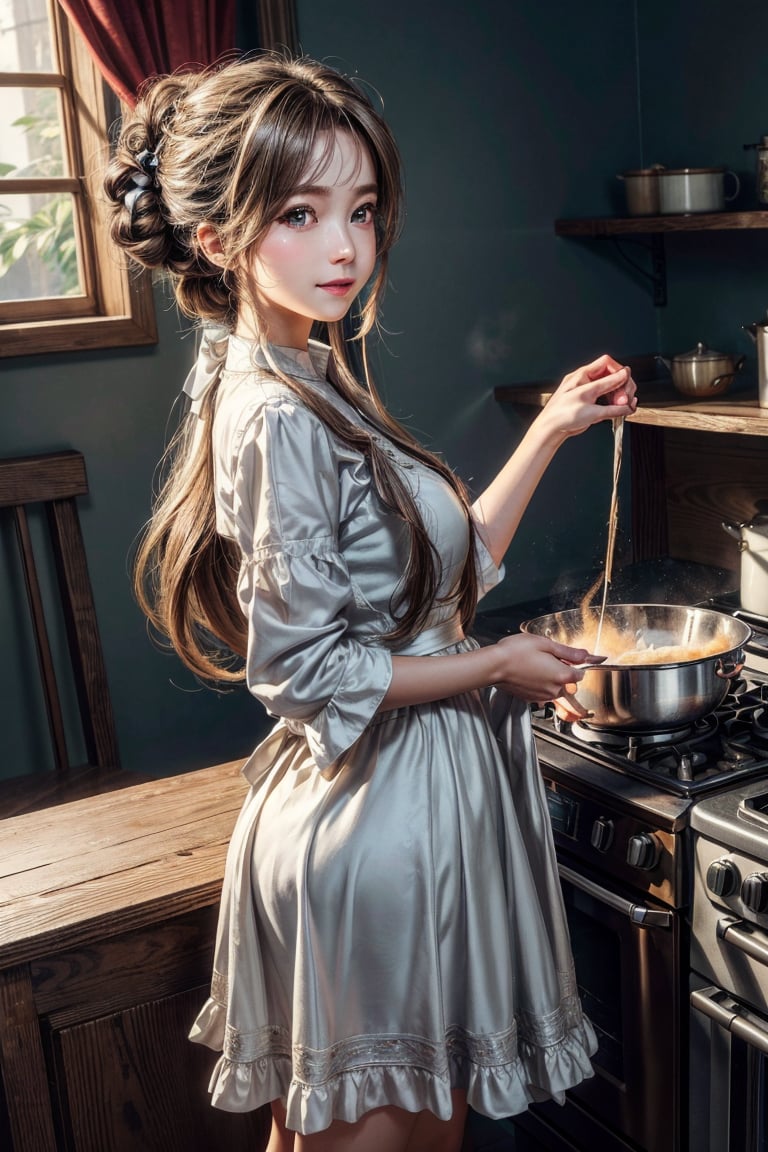 masterpiece,{{{best quality}}},(illustration)),{{{extremely detailed CG unity 8k wallpaper}}},game_cg,(({{1girl}})),{solo}, (beautiful detailed eyes),((shine eyes)),goddess,fluffy hair,messy_hair,ribbons, ({{misty}}),Brilliant light,cinematic lighting,long_focus,a girl, cooking goddess, pretty virgin, pure and noble, warm smile, wear silk apron dress, stove, kettle, flames, at the back view