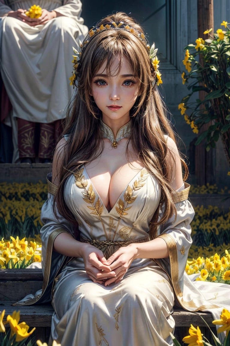 masterpiece,{{{best quality}}},(illustration)),{{{extremely detailed CG unity 8k wallpaper}}},game_cg,(({{1girl}})),{solo}, (beautiful detailed eyes),((shine eyes)),goddess,fluffy hair,messy_hair,ribbons, ({{misty}}),Brilliant light,cinematic lighting,long_focus,a middle-age woman, beautiful goddess, pretty, big breast, full of warmth and mercy, wear silk dress with daffodils decoration, wearing golden wheat crown, holding a bunch of wheat, paddy fields, cranes fly in the sky, warm smile