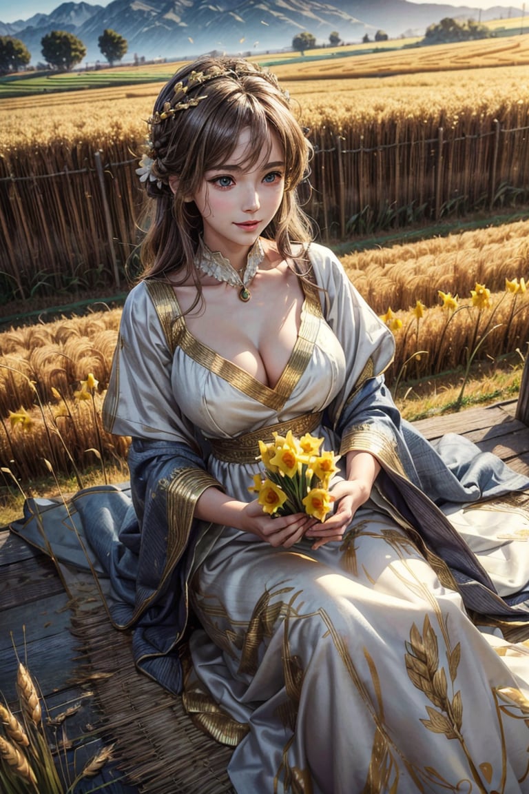 masterpiece,{{{best quality}}},(illustration)),{{{extremely detailed CG unity 8k wallpaper}}},game_cg,(({{1girl}})),{solo}, (beautiful detailed eyes),((shine eyes)),goddess,fluffy hair,messy_hair,ribbons, ({{misty}}),Brilliant light,cinematic lighting,long_focus,a middle-age woman, harvest goddess, pretty, big breast, full of warmth and mercy, wear silk dress with daffodils decoration, wearing golden wheat crown, holding a bunch of wheat, paddy fields, (cranes fly), warm smile