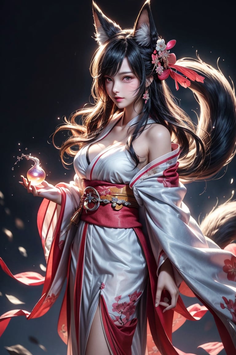 masterpiece,{{{best quality}}},(realistic)),{{{extremely detailed CG unity 8k wallpaper}}},game_cg,(({{1girl}})),{solo}, (beautiful detailed eyes),((shine eyes)),fluffy hair,messy_hair,ribbons,hair_bow,{flowing hair}, (glossy hair), (Silky hair),((stockings)),(((gorgeous fractual 
kimono)))cold smile,stare,cape,,{({lacy}) ({{misty}}),(Brilliant light),cinematic lighting,((thick_coating)),(glass tint),(watercolor),(Ambient light),long_focus,(Colorful blisters), dynamic movement, background nine tails fox spirit, sexy body, shiny skin,yaohu, upperbody, fox goddess, sexual environment, love bubbles, fox spirit fire