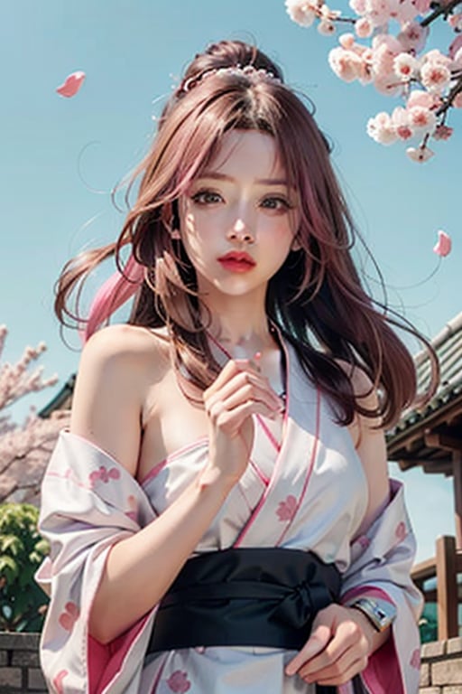 1girl, upper body, ninja, fishnet top, (bandaging arms ,short kunai:1.1), long hair, full pastel pink hair, sakura petals in the air, fingerless  gloves, hurt, damage, medium shot, dynamic pose, nar_kurenai_yuhi, kimono robe