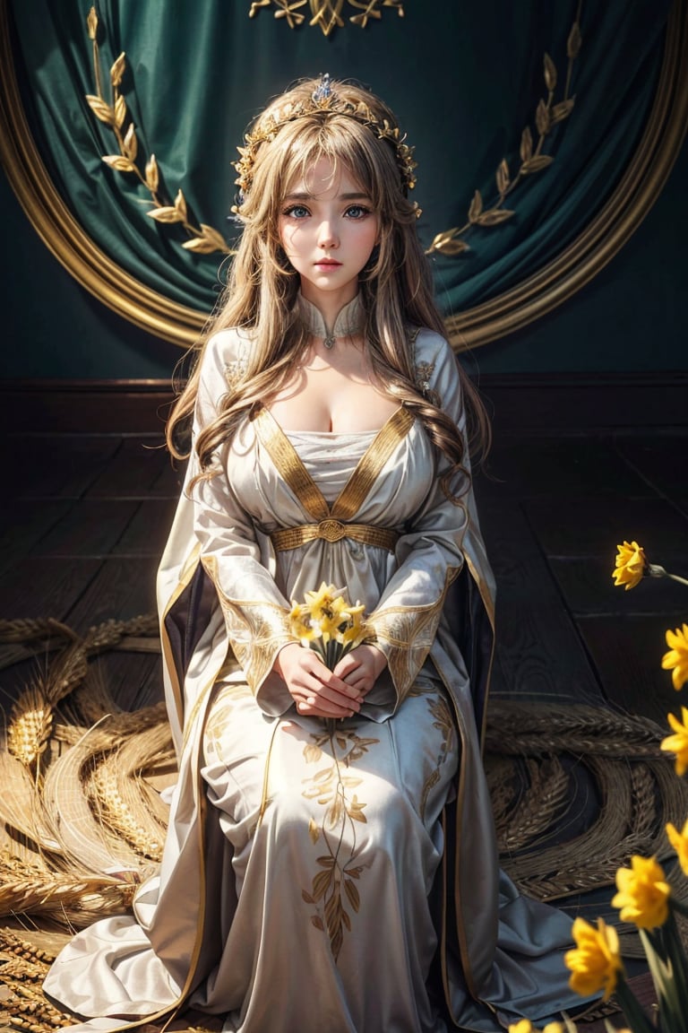 masterpiece,{{{best quality}}},(illustration)),{{{extremely detailed CG unity 8k wallpaper}}},game_cg,(({{1girl}})),{solo}, (beautiful detailed eyes),((shine eyes)),goddess,fluffy hair,messy_hair,ribbons, ({{misty}}),Brilliant light,cinematic lighting,long_focus,a middle-age woman, beautiful goddess, pretty, big breast, full of warmth and mercy, wear silk dress with daffodils decoration, wearing golden wheat crown, holding a bunch of wheat, paddy fields, cranes fly in the sky