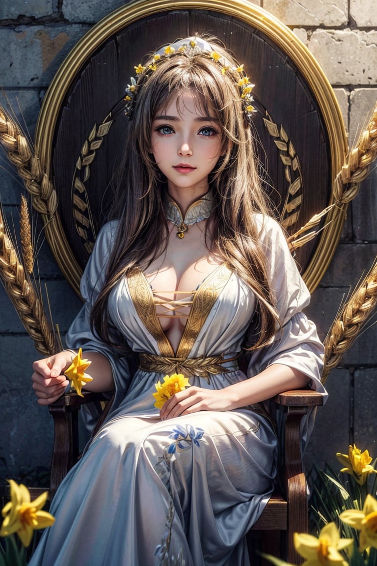 masterpiece,{{{best quality}}},(illustration)),{{{extremely detailed CG unity 8k wallpaper}}},game_cg,(({{1girl}})),{solo}, (beautiful detailed eyes),((shine eyes)),goddess,fluffy hair,messy_hair,ribbons, ({{misty}}),Brilliant light,cinematic lighting,long_focus,a middle-age woman, beautiful goddess, pretty, big breast, full of warmth and mercy, wear silk dress with daffodils decoration, wearing golden wheat crown, holding a bunch of wheat, paddy fields, cranes fly in the sky, warm smile