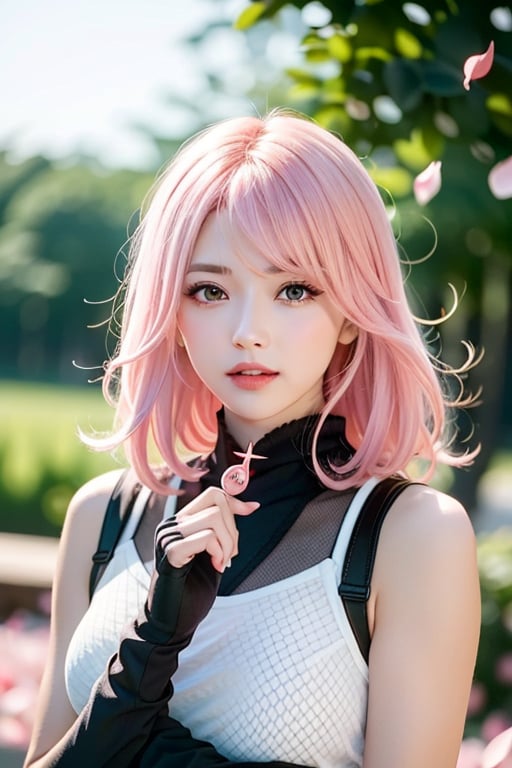 1girl, upper body, ninja, fishnet top, (bandaging arms ,short kunai:1.1), long hair, full pastel pink hair, sakura petals in the air, fingerless  gloves, hurt, damage, medium shot, dynamic pose, nar_kurenai_yuhi