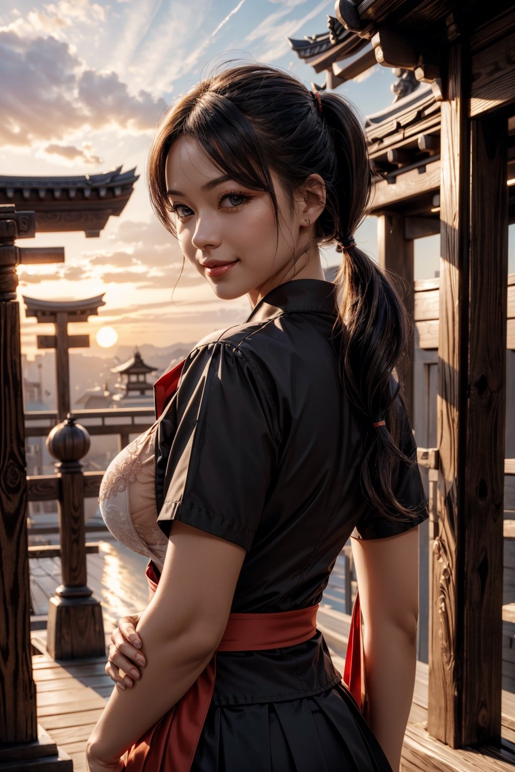 (1pony tail girl:1.3, solo), (shop girl), (upper body:1.3), (standing at Japanese ancient Temple, Torii background:1.3), (((starring at the viewer:1.5))), (leaning forward:1.3), BREAK, 1girl, solo, milf, girl, hot model, (attractive model:1.37), (promotional model:1.2), highly detailed eyes and pupils, realistic skin, ((attractive body, gigantic breast:1.38, disproportionate breasts:1.38, thin waist:1.15)), ((pony-tail:1.5)), pony tail hair,  (shiny-black hair:1.3), extremely detailed hair, delicate sexy face, sensual gaze, shiny lips, BREAK, (miko uniform:1.3), red hakama skirt:1.3),(white sleeves:1.2),(japanese clothes:1.0), detailed clothes, BREAK, (blurry background:1.5,simple background, no-human background, detailed background), (under sunset:1.37), BREAK, (attractive posing), ((realistic, super realistic, realism, realistic detail)), perfect anatomy, perfect proportion, bokeh, depth of field, hyper sharp image, (attractive emotion, seductive smile:1.2, happy:1.2, blush:1.2, :d:1.2, :p:1.2), 4fingers and thumb, perfect human hands, wind, BREAK, (Masterpiece, best quality, photorealistic, highres, photography, :1.3), ultra-detailed, sharp focus, professional photo, commercial photo,1 Asian girl,breasts_exposed 