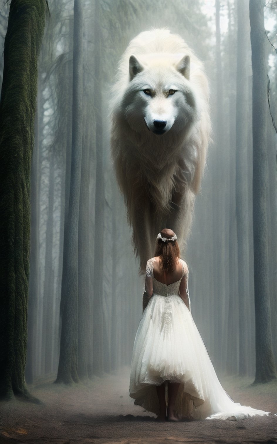 Masterpiece,ultra detail,realistic,dark ,fog,dark forest ,autumn,a beautiful girl riding on a giant pure white pretty wolf look back to viewer, red hair,cute face, green glow eye, one piece dress, bare feet,white and glow fur,a brideget from bottom deep to the forest,
Fog everywhere 