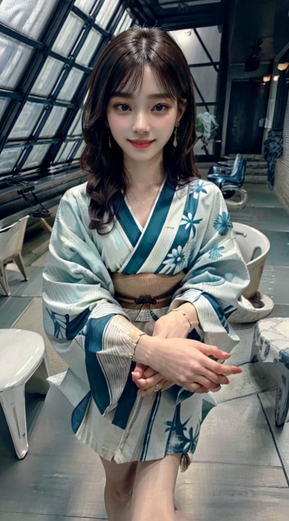 (best quality, masterpiece:1.2,  photorealistic:1.4,  highly detailed),  1 girl,  in her 28s,  detailed beautiful face,  smile,  detailed beautiful eyes,  medium-length light-brown hair,  wearing a fashionable dark-green kimono, bare feet,bare should,hair ornament,  earrings,  realistic detailed skin texture,  detailed hair,  at hotel lounge,  at night,  sharp focus,  from from above portrait,  asian girl, 
,colorful_girl_v2,shs reinopool