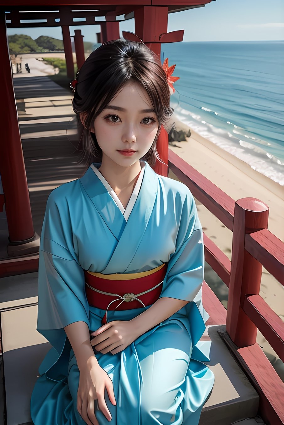 Bird view, above,Red Maple leaf grass,torii_(gate),sea,cute girl wear short kimono paying ,hybrid face,bird view ,ocean,detail skin, temple light,
,
,mysticlightKA