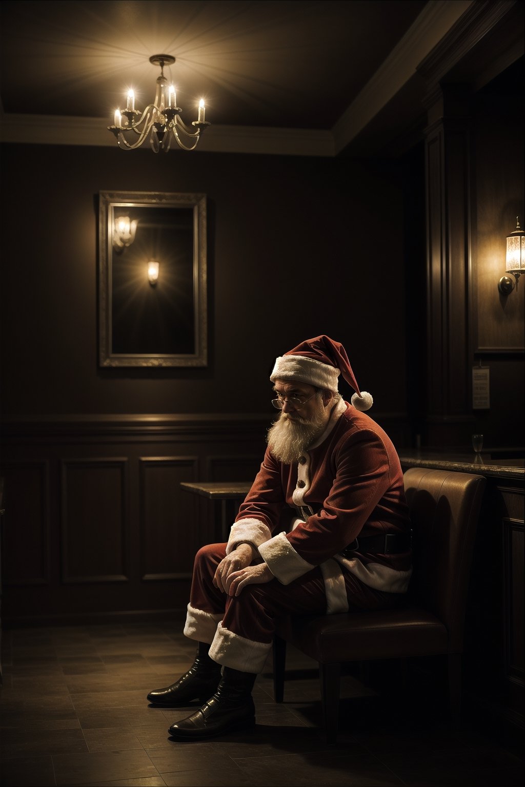 Masterpiece,ultra detail, a sad santa Chris sit in empty bar, drinking hot wine, dark atmosphere , low key, 