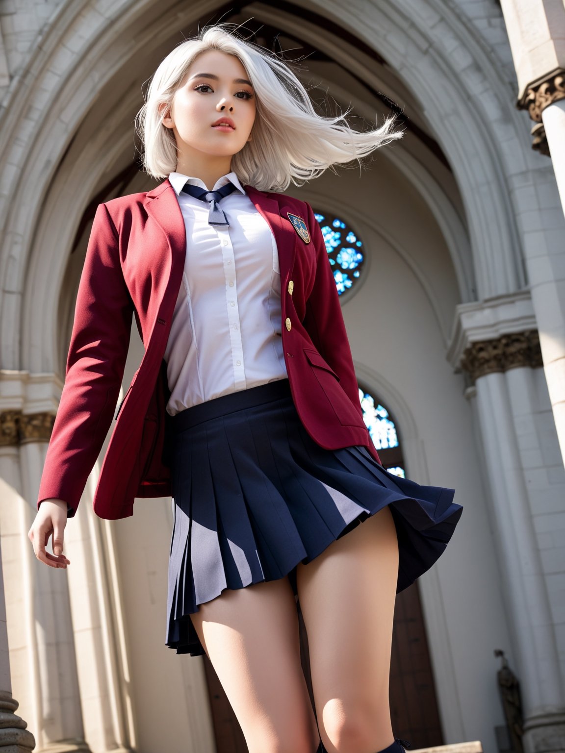 extream low angle,//Character, solo, 1girl, white hair, purple eyes,
//Fashion, school uniform, red jacket, Japhan girl,pleated skirt,detail face,chubby,large breast,red hair,flying fair,expose boots,
//Background, simple church outside background, 
//Quality, (masterpiece), best quality, ultra-high resolution, ultra-high definition, highres, intricate, intricate details, absurdres, highly detailed, finely detailed, ultra-detailed, ultra-high texture quality, natural lighting, natural shadow, dramatic shading, dramatic lighting, vivid colour, perfect anatomy, 
