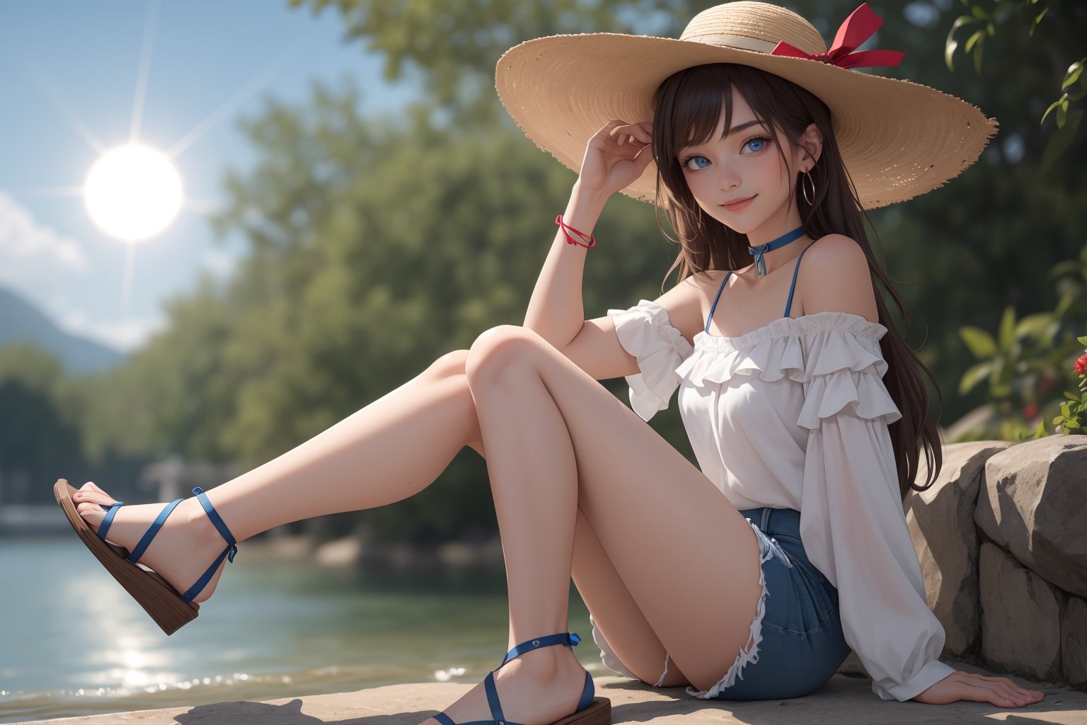 Masterpiece, best quality, ultra detailed, extremely detailed, sharp focus, 1girl, bare shoulders, blue eyes, blue ribbon, blurry, blurry background, brown hair, choker, denim, depth of field, hat, hat ribbon, long hair, looking at viewer, outdoors, ribbon, ribbon choker, sandals, shorts, sitting, smile, solo, sun hat, water