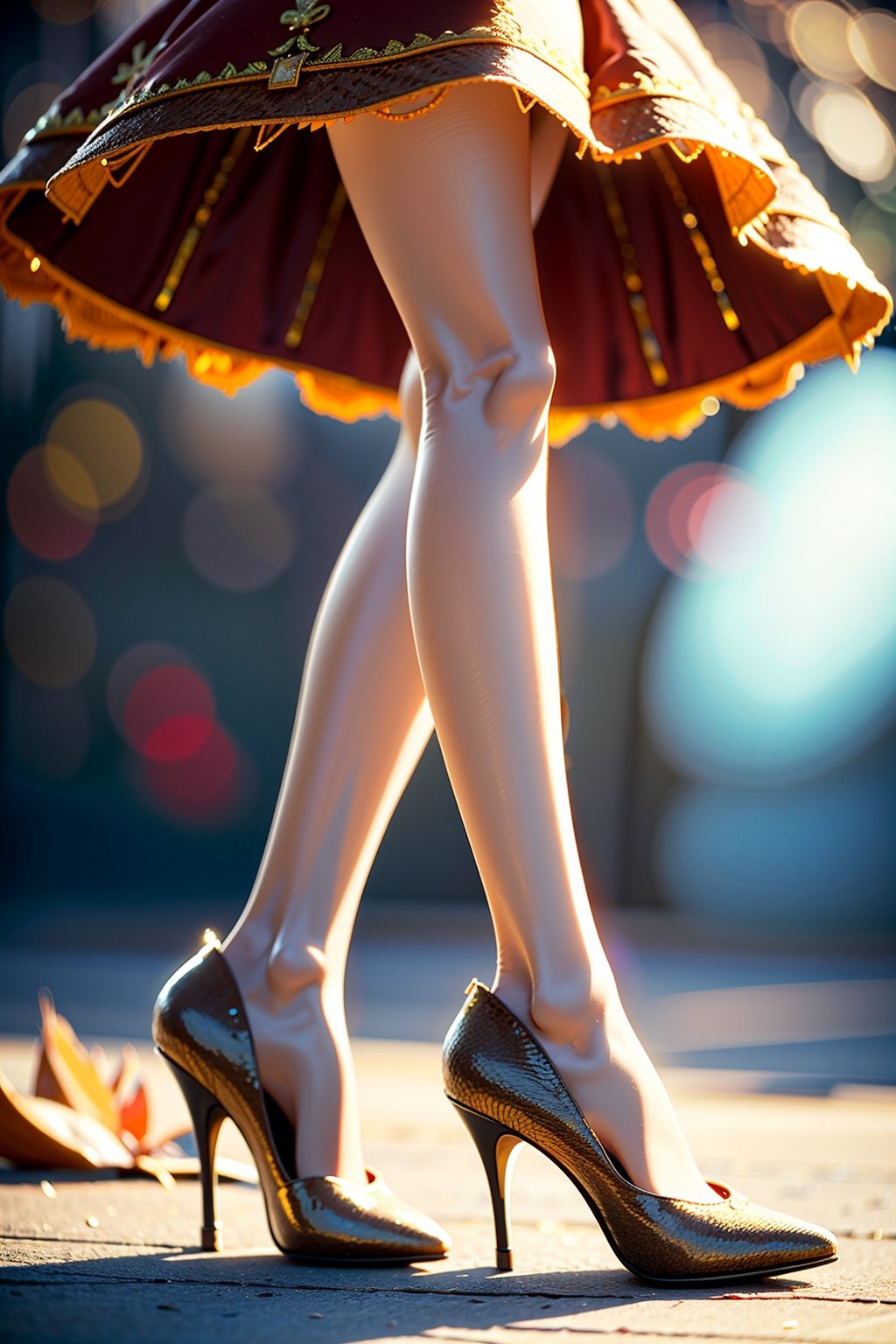 Ultra detail,Realistic,slim,best quality,detail skin:1.3, masterpiece, ultra high res, (photorealistic:1.4), (fall:1.4),red high heels,1 girl,cross leg,raining,part dress skirt,,photorealistic,forest