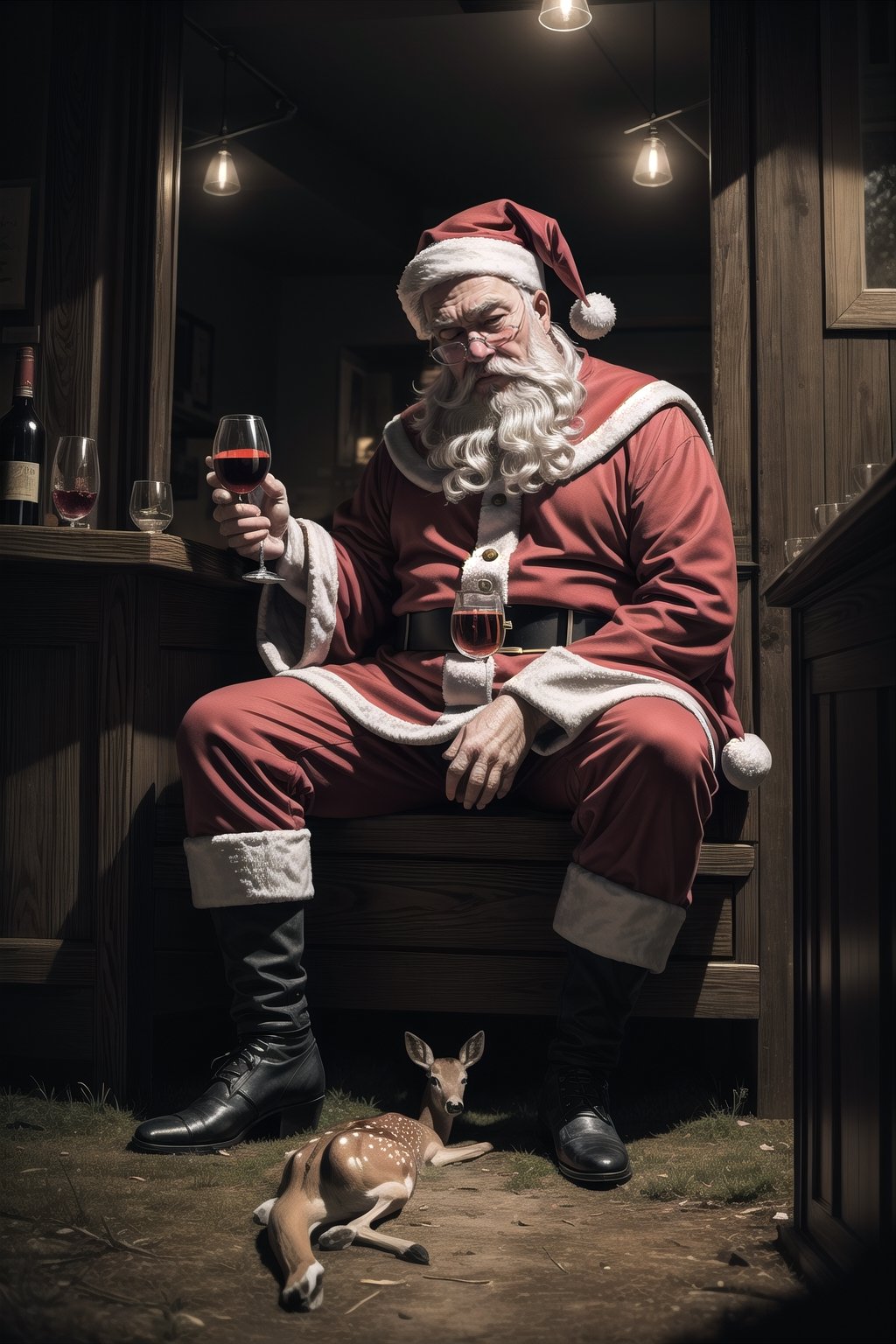 Masterpiece,ultra detail, a big fat sad santa Chris sit on empty bar drinking hot wine, dark atmosphere , low key, a big deer  lay down on ground,