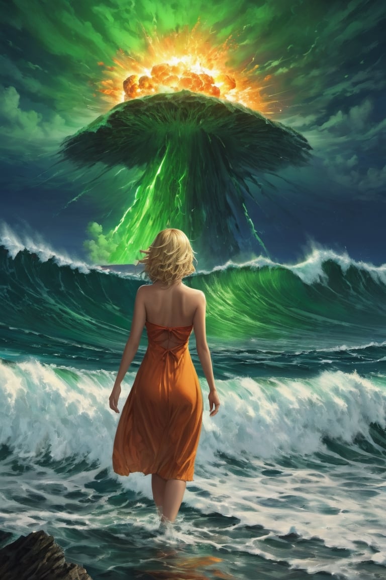 Masterpiece,ultra detail, high_resolution,at night ,realistic,ultra detail,nuclear boomb explosion on far ,Ocean, fire ocean ,huge wave,a girl reflection  in water ,beautiful, green eye, blonde,one piece dress ,bare_shoulder 