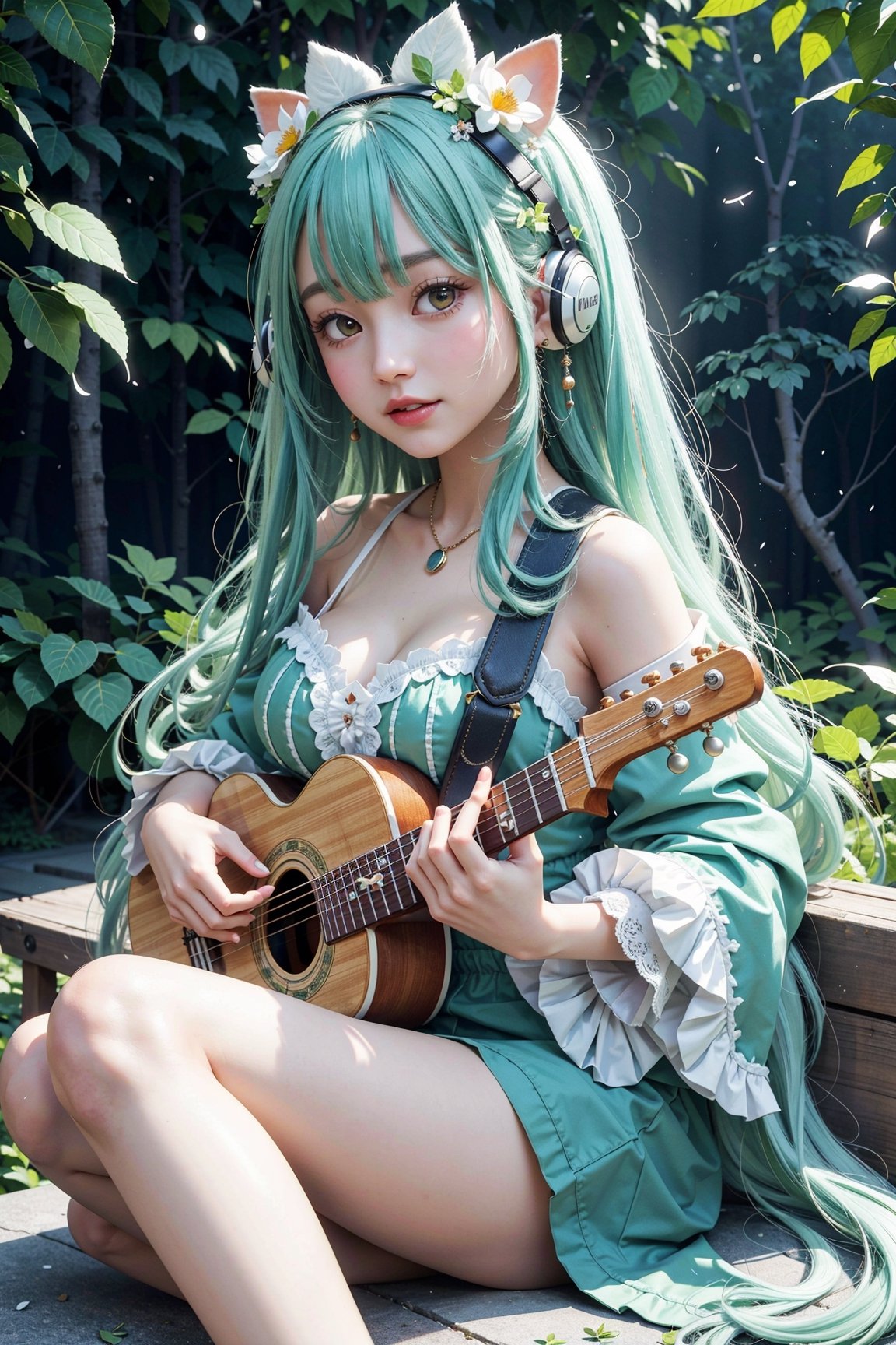 (masterpiece, best quality, highres:1.3), ultra resolution image, (1girl), (solo), kawaii, green flowing hair, long hair,huge breast, lute,cute face, musical, surrounded by music notes, (music filling the air:1.5), fantasy, harmony, melody, soft, night time, (serene background:1.3), vivid color, sitting, (magical, musical aura:1.3), smile softly, forest, leaf, bird on head, nature, sitting