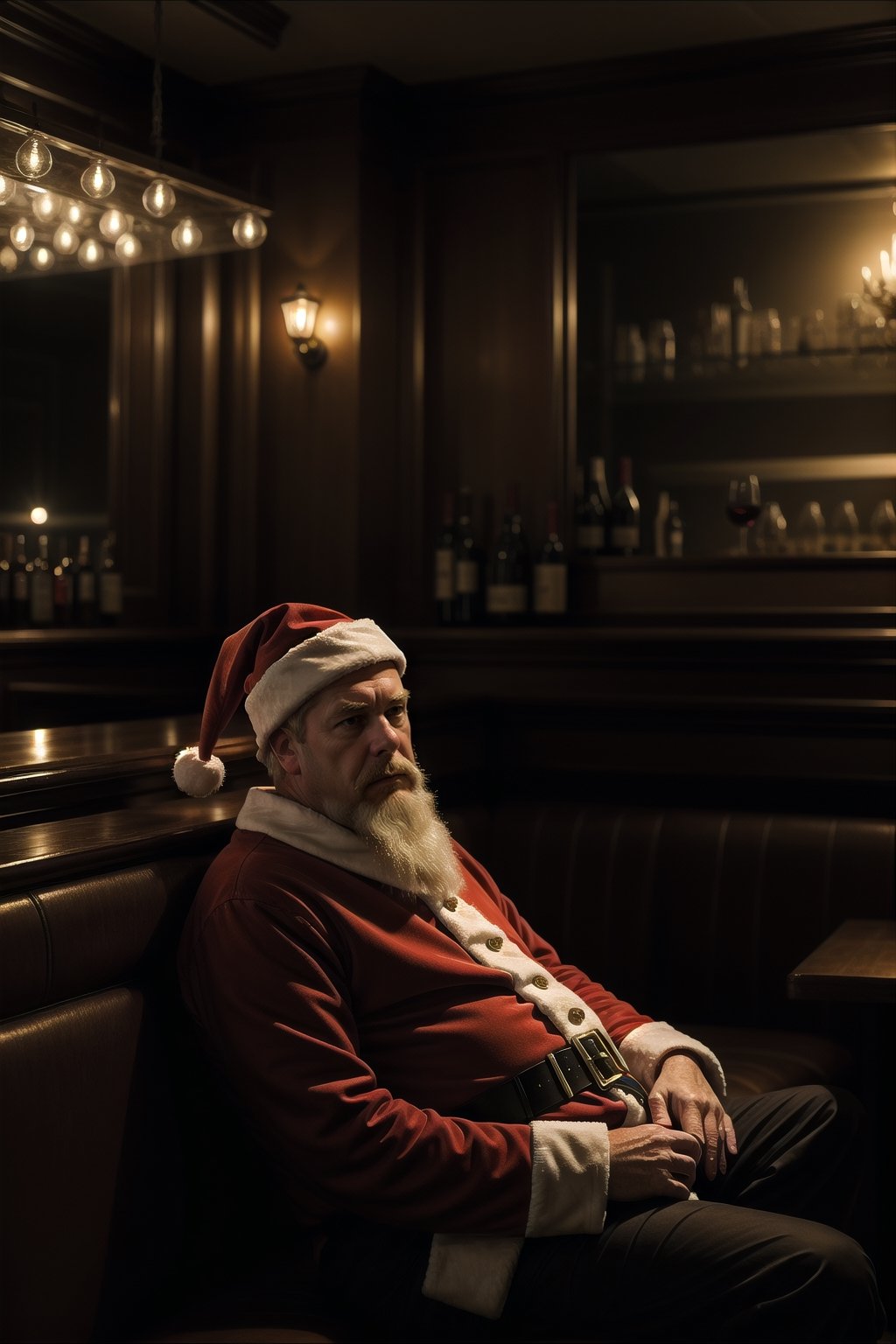 Masterpiece,ultra detail, a sad santa Chris sit in empty bar, drinking wine, dark atmosphere , low key, 