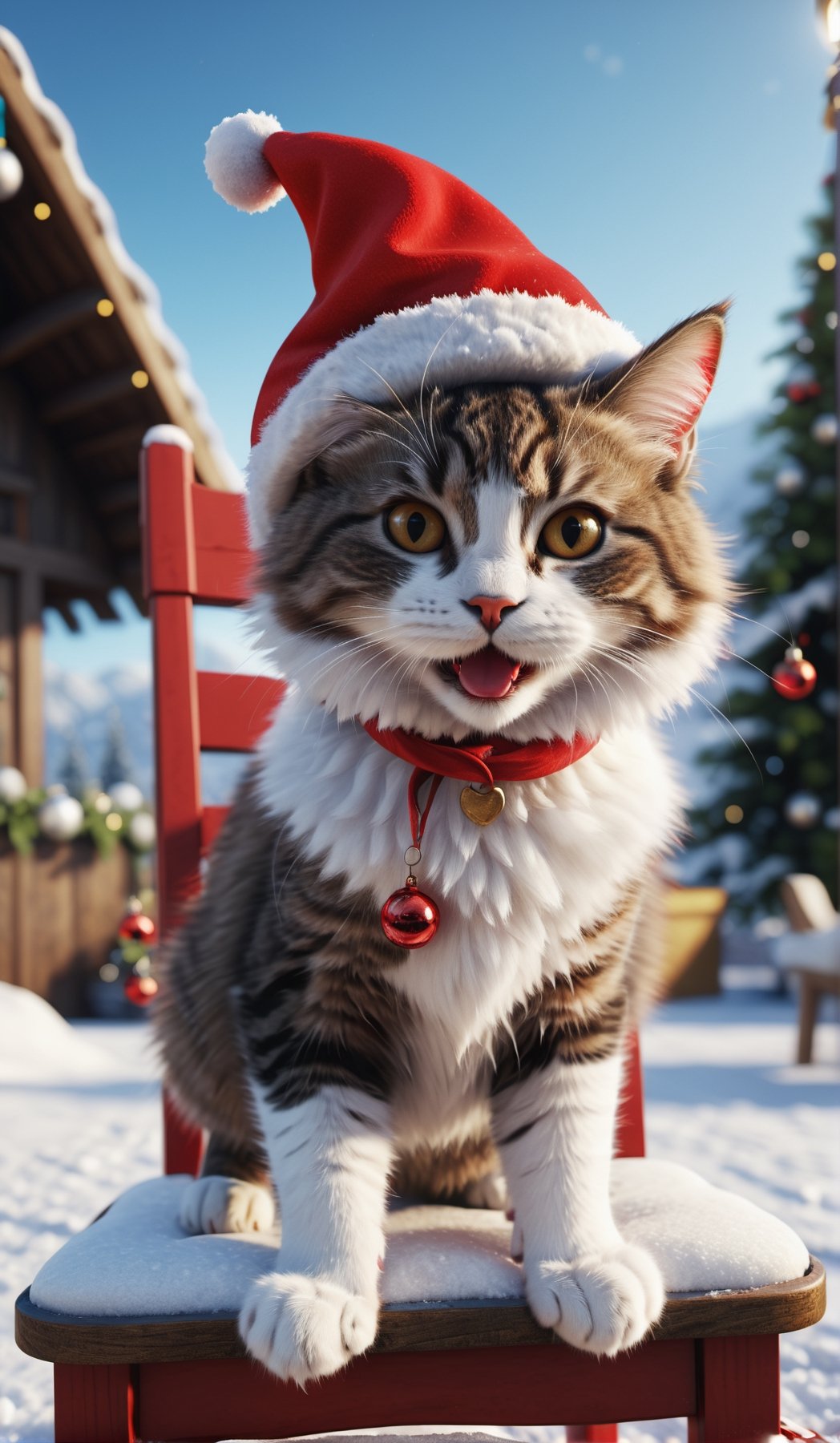8K, Ultra-HD,realistic,photolism, Natural Lighting, sunny day, Cinematic Lighting,detailed,CG,unity,extremely detailed CG,
solo,cute cat,A fluffy cat,jump to chair,Wearing red Christmas hat,snow,outdoor,