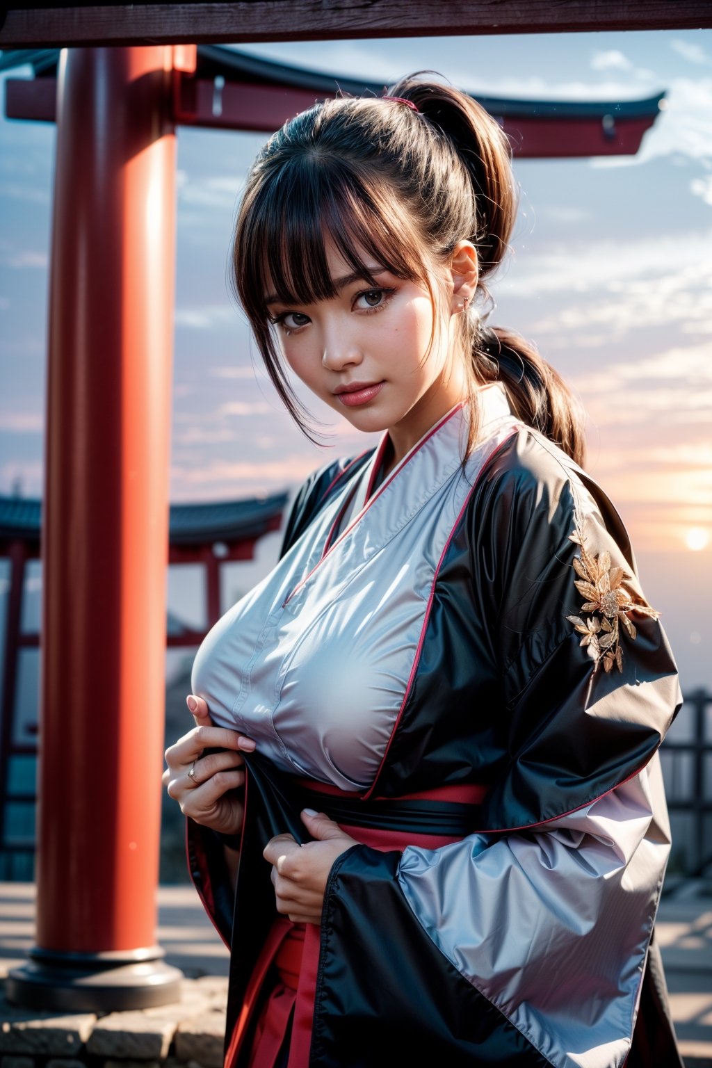 (1pony tail girl:1.3, solo), (shop girl), (upper body:1.3), (standing at Japanese ancient Temple, Torii background:1.3), (((starring at the viewer:1.5))), (leaning forward:1.3), BREAK, 1girl, solo, milf, girl, hot model, (attractive model:1.37), (promotional model:1.2), highly detailed eyes and pupils, realistic skin, ((attractive body, gigantic breast:1.38, disproportionate breasts:1.38, thin waist:1.15)), ((pony-tail:1.5)), pony tail hair,  (shiny-black hair:1.3), extremely detailed hair, delicate sexy face, sensual gaze, shiny lips, BREAK, (miko uniform:1.3), red hakama skirt:1.3),(white sleeves:1.2),(japanese clothes:1.0), detailed clothes, BREAK, (blurry background:1.5,simple background, no-human background, detailed background), (under sunset:1.37), BREAK, (attractive posing), ((realistic, super realistic, realism, realistic detail)), perfect anatomy, perfect proportion, bokeh, depth of field, hyper sharp image, (attractive emotion, seductive smile:1.2, happy:1.2, blush:1.2, :d:1.2, :p:1.2), 4fingers and thumb, perfect human hands, wind, BREAK, (Masterpiece, best quality, photorealistic, highres, photography, :1.3), ultra-detailed, sharp focus, professional photo, commercial photo,1 Asian girl,breasts_exposed 