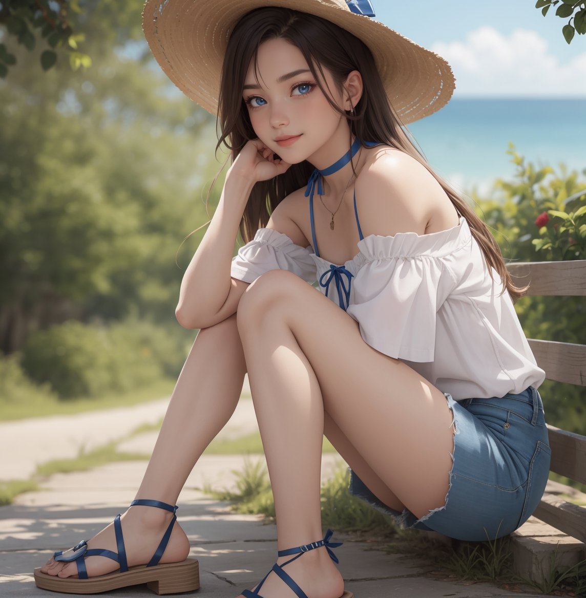 Masterpiece, realistic,front view,best quality, ultra detailed, extremely detailed, sharp focus, 1girl, bare shoulders, blue eyes, blue ribbon, blurry, blurry background, brown hair, choker, denim, depth of field, hat, hat ribbon, long hair, looking at viewer, outdoors, ribbon, ribbon choker, sandals, shorts, sitting, smile, solo, sun hat, water