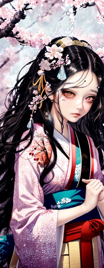 Imagine a beautiful hybrid face concubine with long black hair resembling steam in water walking near a blossoming cherrytree wearing an intricate floral kimono, work of beauty and complexity, hyperdetailed face, flowercore, awe-inspiring fantasy, 8k UHD, amber glow elements , alberto seveso style ,arcane style