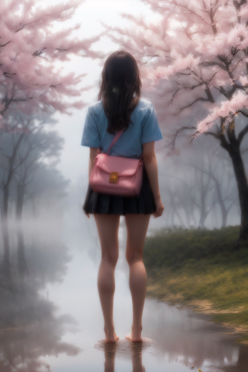 best quality, (masterpiece::1.4),8K, ((HDR::1.4),high contrast,extremely detailed,hyper realistic, sunny day,Kodak portra 400, (bokeh::1.2),lens flare,vibrant color,muted colors ,1 beautiful euro girl wear bag standing under a huge  Sakura tree in middle of lake ,back to viewer, sexy body, 22yo,cute face,long leg,long+pink+flying hair,tall ,pencil leg,bare feet,high school uniforms ,flying long hair,dim colors,reflection, (soothing tones::1.3),cinematic lighting,ambient lighting,sidelighting,,cinematic shot,cold tone, , (Post-apocalypse theme::1.1), (extremely foggy::1.3),wide shot,fog,,reflections,water splash,ultra while the viewer ,evil magic, 
