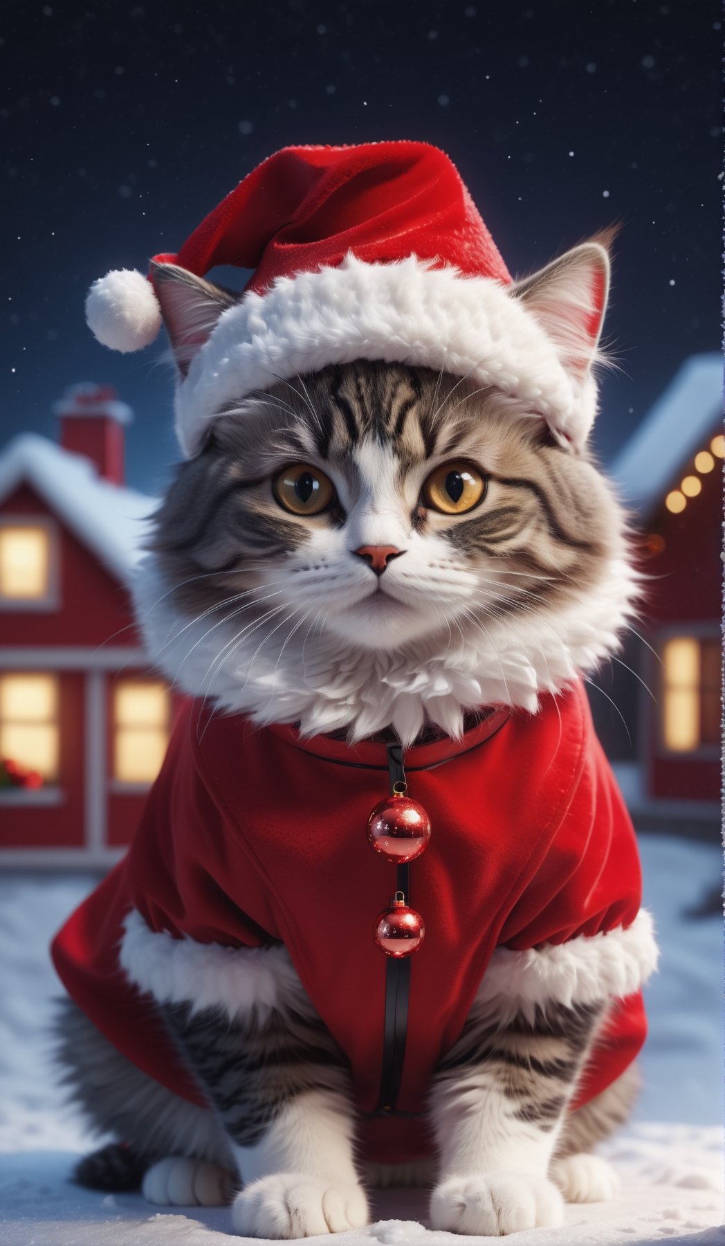 8K, Ultra-HD,realistic,photolism, Natural Lighting, Moody Lighting, Cinematic Lighting,detailed,CG,unity,extremely detailed CG,
solo,cute cat,A fluffy cat,(Wear red Christmas costume,Wearing red Christmas hat),starry sky ,snow,