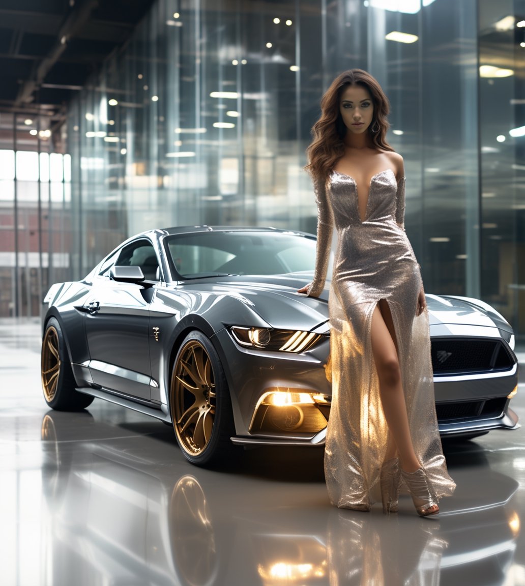 Cinematic light,hdr,magazine,(+18),high_resolution , NSFW,1 girl topless,long sweater,pencil leg,high heels,beautiful face,detail face,bare shoulders,huge breast,dynamic pose,reflection , on fashion show,
 Ford mustang made of glass and gold smoke ,
,c_car,action shot,liquid dress,DonMM4g1cXL ,shards