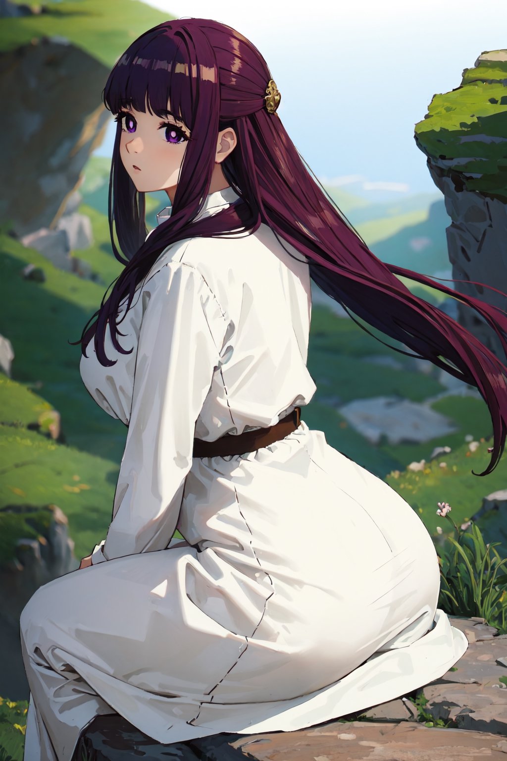 (masterpiece), best quality, high resolution, extremely detailed, detailed background, better_hands, (hands:1.1), fern, long hair, bangs, (purple eyes:1.1), purple hair, sidelocks, blunt bangs, (bright pupils:1.5), half updo, long sleeves, dress, white dress, long dress, curvy, slim waist, big breasts, thicc thighs, at garden, scenary, sitting on rock, ass focus, curvy ass, back view