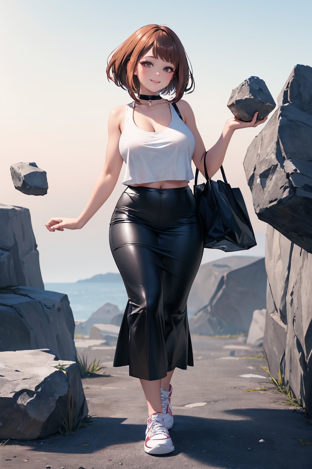 masterpiece, best quality, incredibly absurdres, highres, high detail eyes, high detail background, better_hands, (hands:1.1), 1girl, female focus, uraraka, white tank top, very long skirt, black leather, sneakers set, choker, short hair, large breasts, sidelocks, bob cut, brown hair, brown eyes, curvy, muscular women, smile, beautiful detailed eyes, psychic, floating objects, floating rocks, telekinesis, intricate detailed hair, scenary, full body, pink aura