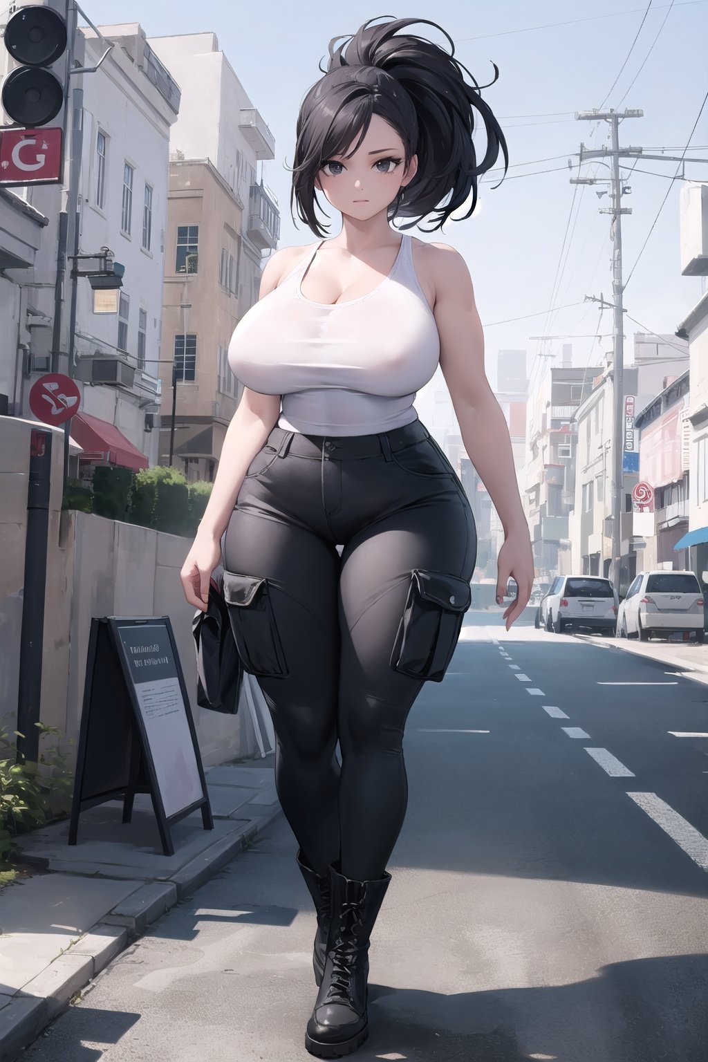 Character: black hair,long hair, black eyes , high ponytail, hair pulled back, curvy, slim waist, thicc thighs, big breasts, muscular women, makeup, shadow eyes, long eyelashes.

Clothes: white tank top, black cargo pants, boots set 

Effect: ((Masterpiece:1.1)), best quality, solo, better_hands, (hands:1.1), realistic, bright eyes.

Background: at city, scenary.

Pose: standing, full body.