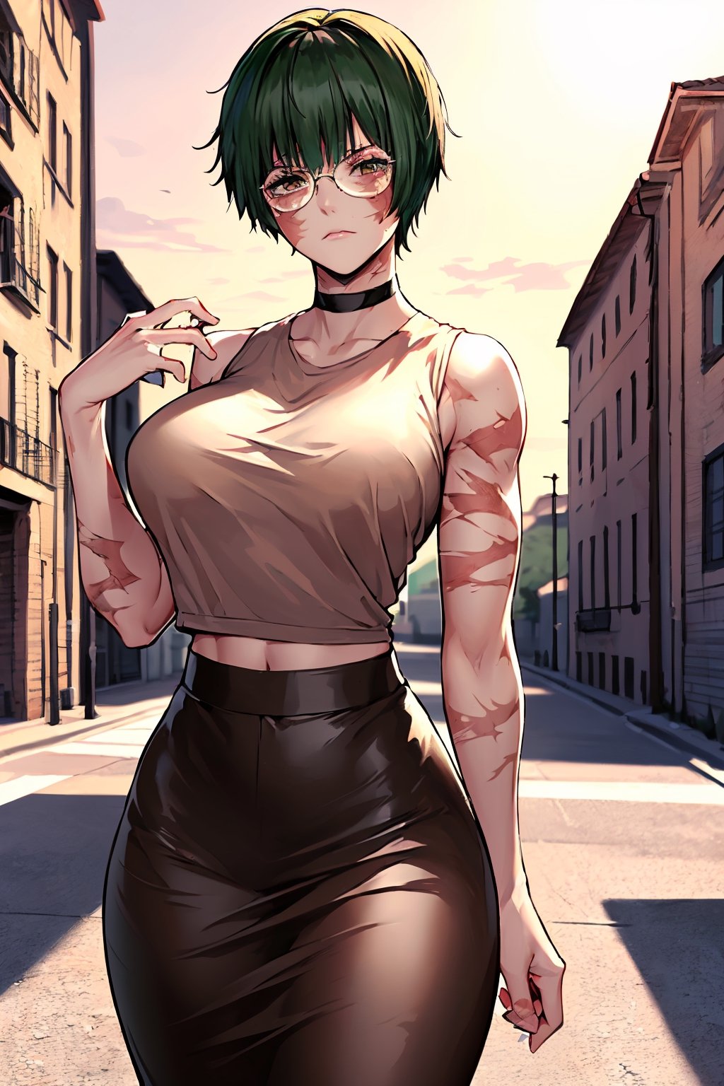 masterpiece, best quality, incredibly absurdres, highres, high detail eyes, high detail background, better_hands, (hands:1.1), 1girl, female focus, green hair, muscular women, green crop top, very long skirt, choker, grumpy face, curvy, slim waist, thicc thighs, big breasts, at school, terrace, scenary, (brown eyes), MakiZenin, short hair, black hair, scar, scar on face, burn scar, glasses, beautiful detailed eyes, 