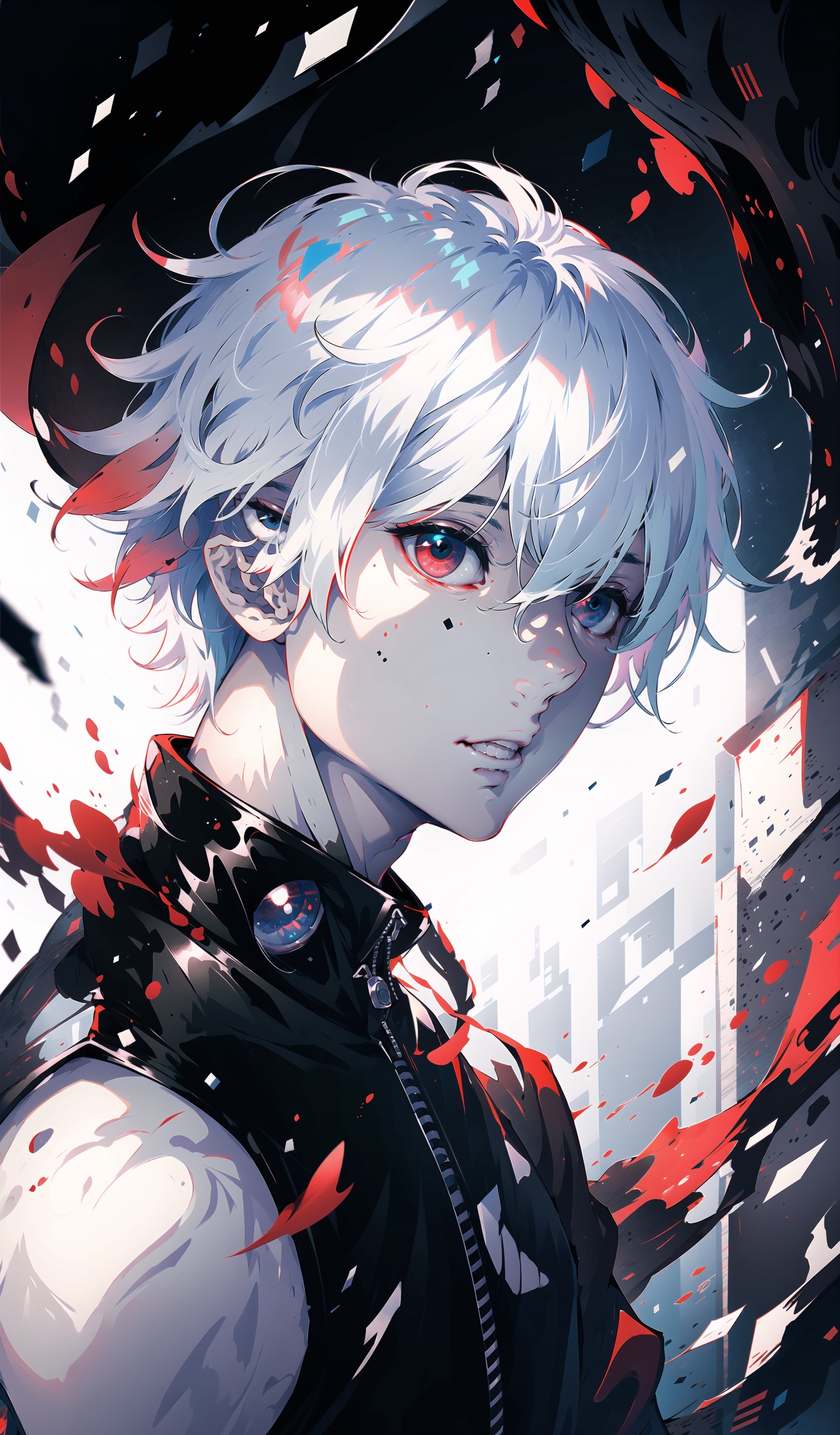 kaneki ken, white hair, red and black eyes, blood eyes, black clothes, 1man, solo, upper body,white hair, messy hair, short hair, dappled sunlight, realistic shadows, shade, shaded face, cottagecore,kaneki ken