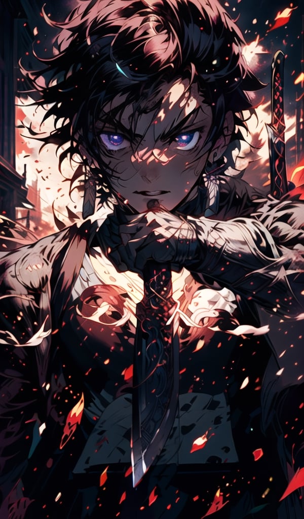 best quality, high quality, 1boy, solo, male focus, looking at viewer, upper body, , kamado_tanjirou, 1male, 16k, hd, detailed, futuristic, masterpiece, katana, samurai, detailed face, complex_background, no_humans, detailed face, beautiful detailed eyes), High contrast, (best illumination, an extremely delicate and beautiful), dynamic pose, warzone, ((holding dark sword with two hands, katana)),kamado_tanjirou,zhongfenghua full body,dapped sunlight, realistic shadows 