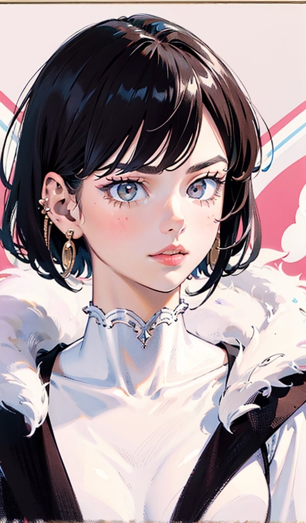 1girl , solo girl only face, white short hair, yellow eyes, wearing ear rings, round earrings, pink lips, neko ears black and white ear, fur on ears, bangs, on both sides, looking at viewer, in center, symmetrical face, expressive face,eye liner, makeup, teen gurl, close-up shot, oil painting, hand drawn picture, ,Endsinger