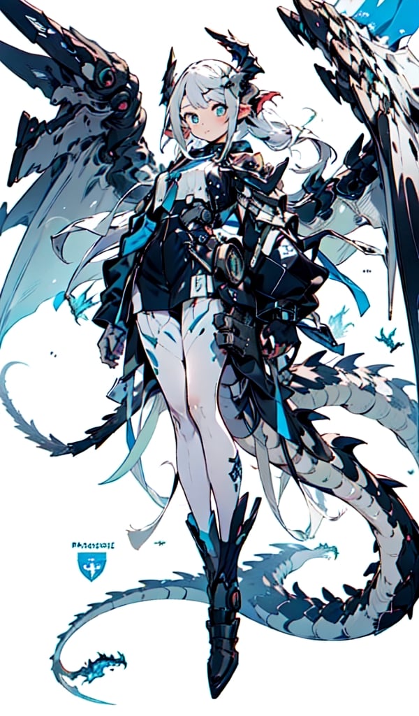  “best quality”, “masterpiece”, “illustration”, “1girl”, “solo”, “full body”, “Mecha”, “machine”, “Dragon ear”, “Blank background”, Dragon wings, dragon tail,and “dragon horn” “Mechanical body” Navy blue colour scheme