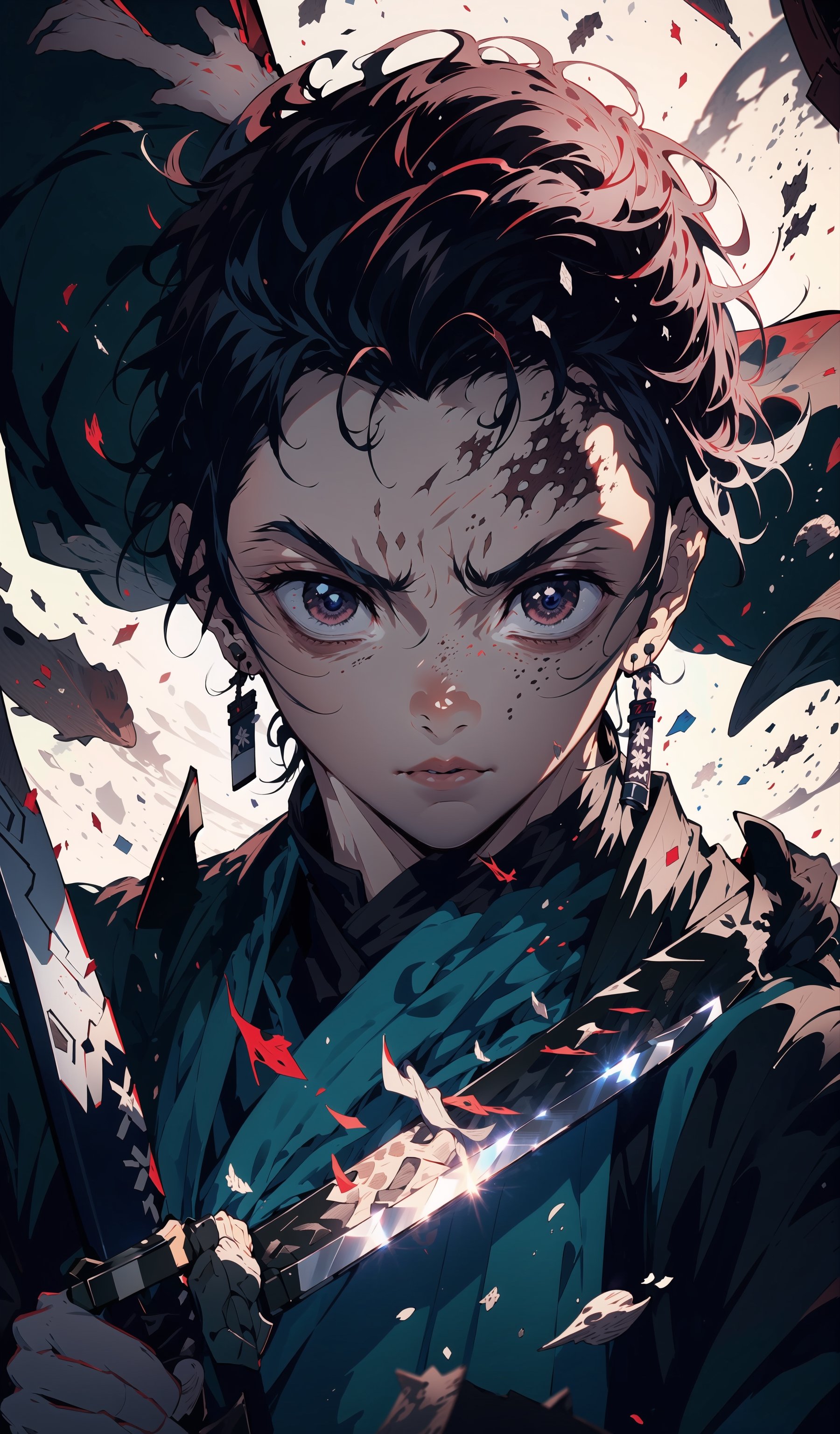 best quality, high quality, 1boy, solo, male focus, looking at viewer, upper body, , kamado_tanjirou, 1male, 16k, hd, detailed, futuristic, masterpiece, katana, samurai, detailed face, complex_background, no_humans, detailed face, beautiful detailed eyes), High contrast, (best illumination, an extremely delicate and beautiful), dynamic pose, warzone, ((holding dark sword with two hands, katana)),kamado_tanjirou,zhongfenghua full body,dapped sunlight, realistic shadows 