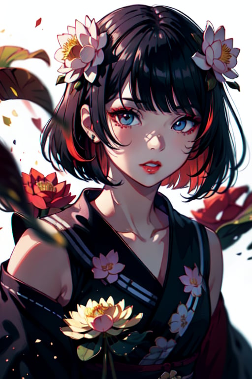 1 teen girl,solo,long shot,looking left, white background,(energy flowing:1.),(glowing lotus flower),bob cut, long hair, multicolored hair, makeup , parted lips, red lips, eyeliner, ,walkure /(takt op./),perfecteyes