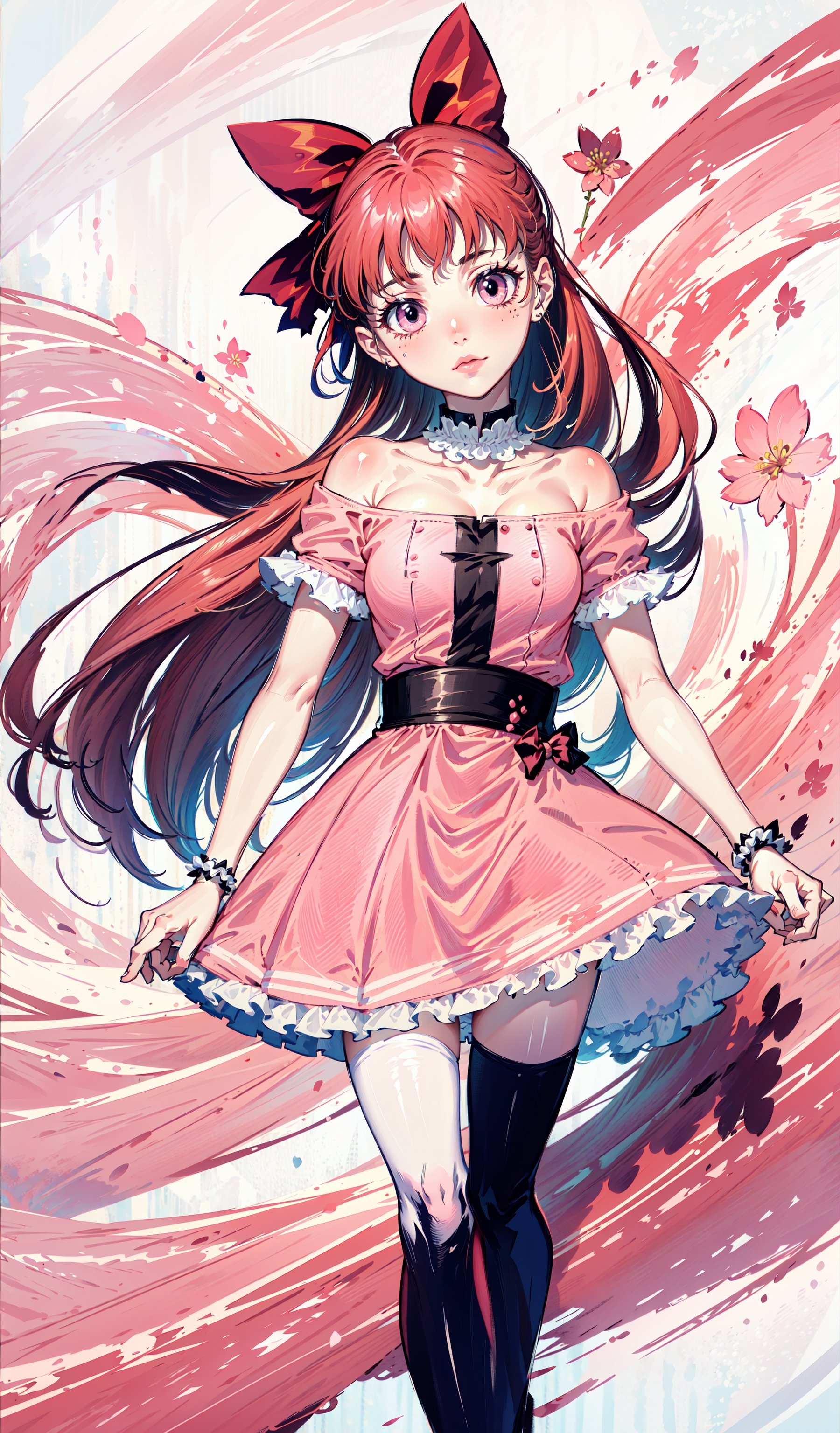 (masterpiece), best quality, expressive eyes, perfect face, high res 1.2, absuredres 1.2, high quality, best quality,
Solo no_humans,(blossom),a pink dress with a black stripe across the middle, white tights, and Mary Janes.