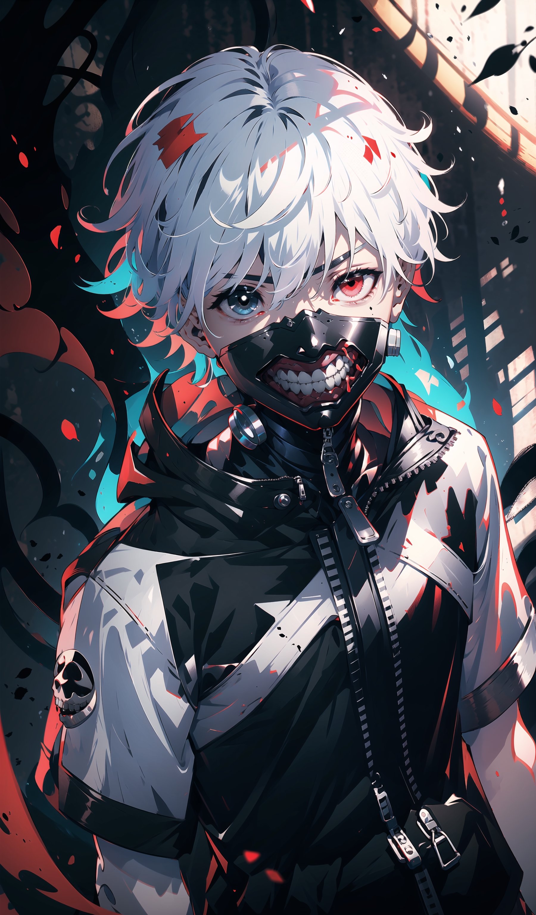 kaneki ken, white hair, red and black eyes, blood eyes, black clothes, 1man, solo, upper body,white hair, messy hair, short hair, dappled sunlight, realistic shadows, shade, shaded face, red and black filter, wearing black latex mask with skull teeth on it, zipper between upper and lower teeth, in center 