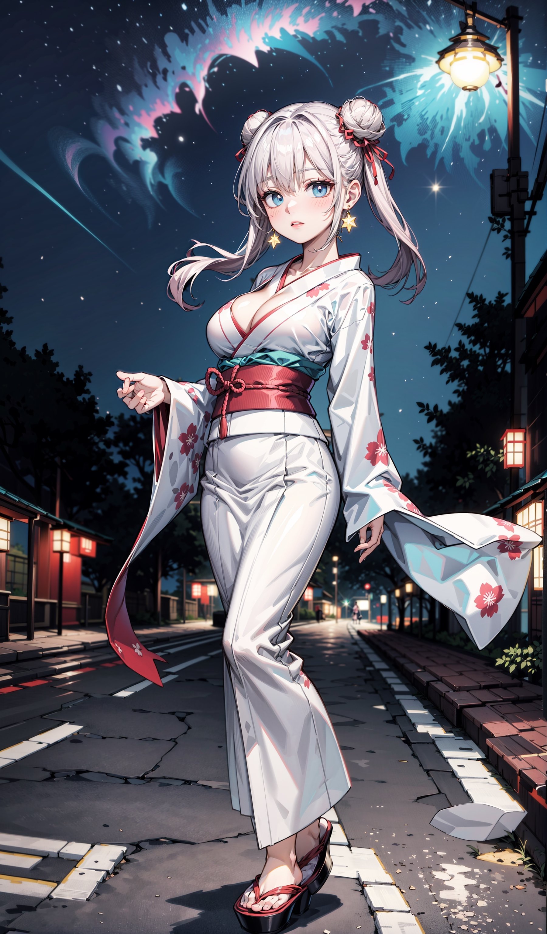 Solo girl wewring a Japanese traditional white kimono with Damascus print , long silver hairz blue eyes, standing in middle of road, light poles around her, luminous light poles, tridiagonal japanese festival, night time starry sky, full moon, hair buns, large breast, full body, looking at viewer, cleavage, in center, pink lips, black_earrings, red ribbon around her neck ,yofukashi background