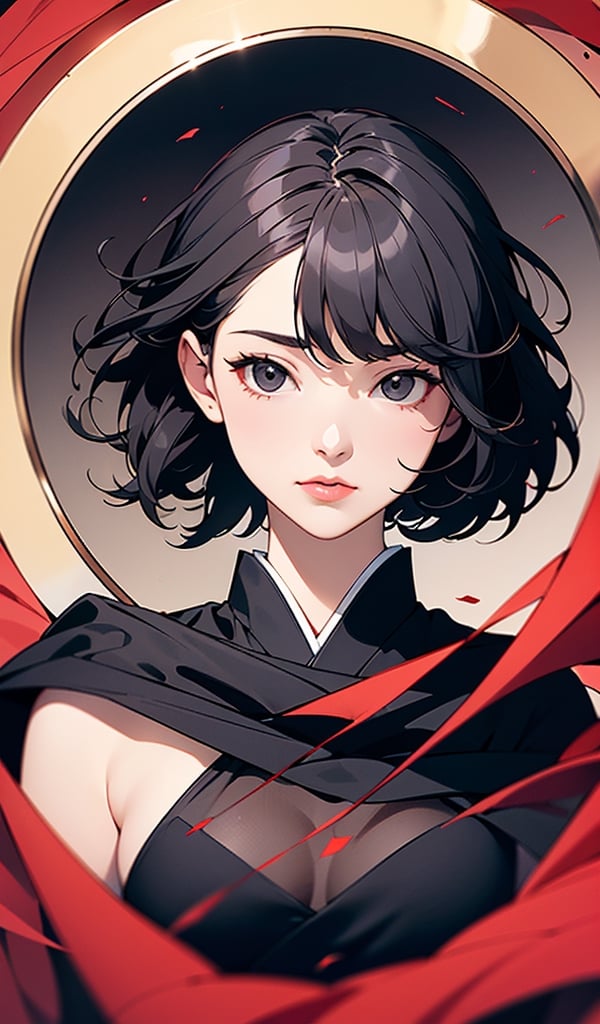 
(best quality,masterpiece:1.2),1 girl 16 years old,(circle mirror background:1.2),black eyes,disheveled hair,floating hair,short hair,black hair,small breasts,floating red dress,(layered dress:1.2 ),(japanese:1.2),see-through transparent cape,goddess,shrine gate,(portrait),